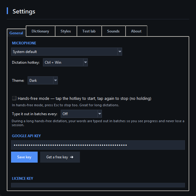Settings — General tab