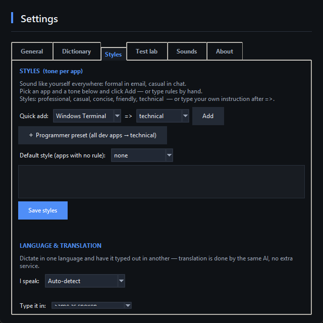 Styles and language settings